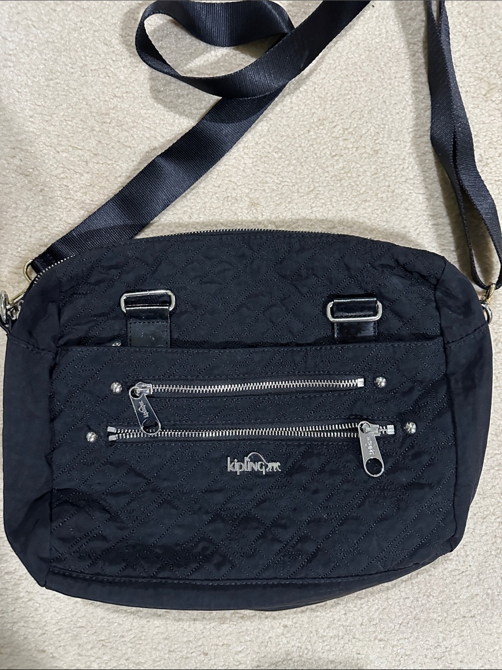Kipling Black Quilted Nylon Crossbody with Silver Zippers